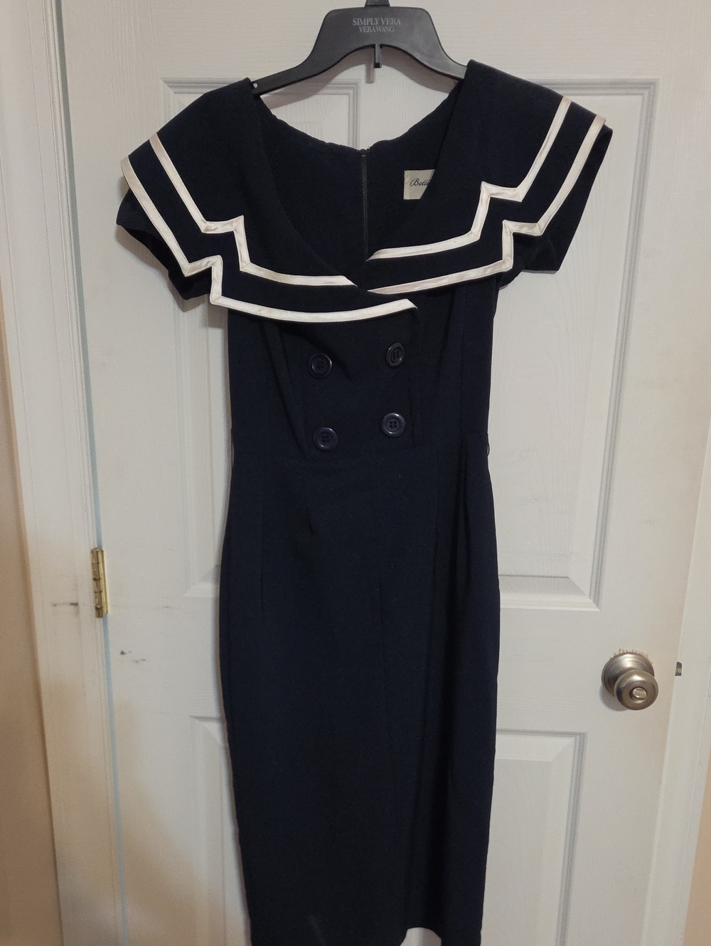 Bettie Page Navy Sailor Collar Midi Dress with White Trim Vintage Dress
